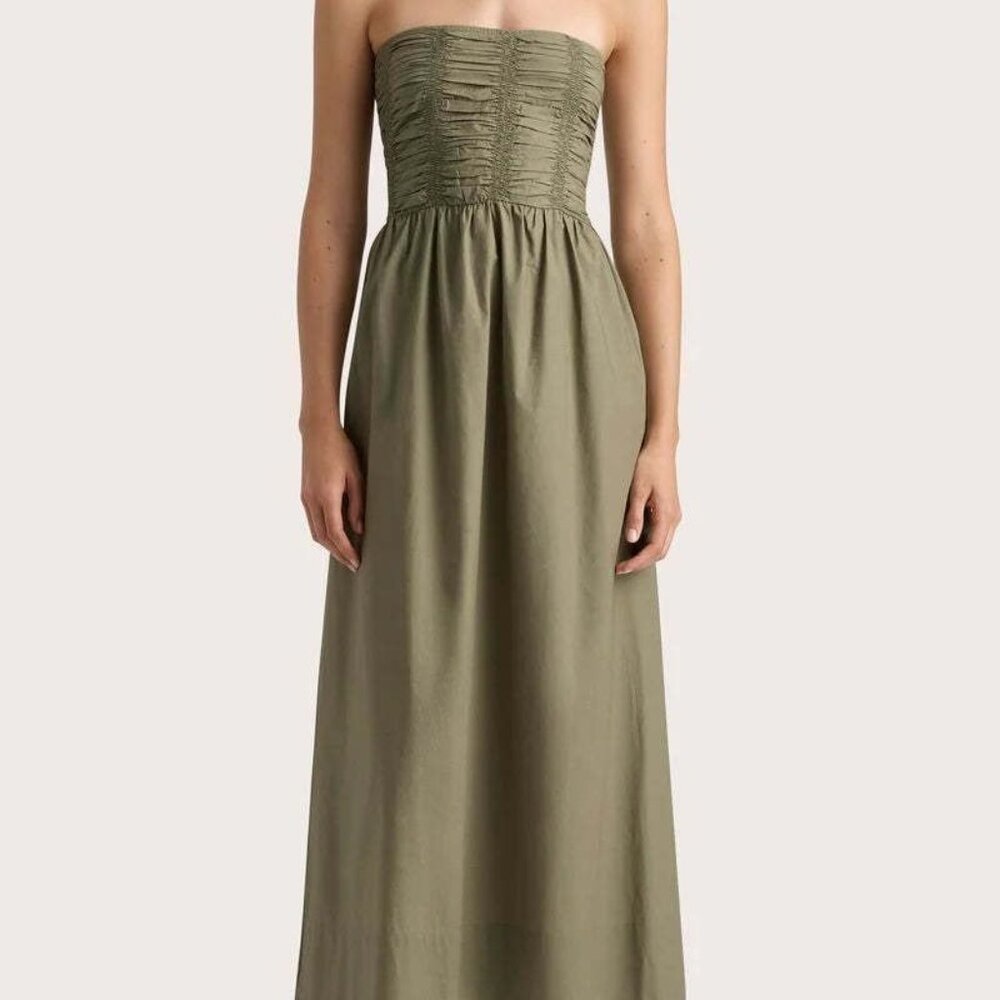 New Faithfull the brand DOMINQUEZ MIDI DRESS khaki green strapless summer flowy